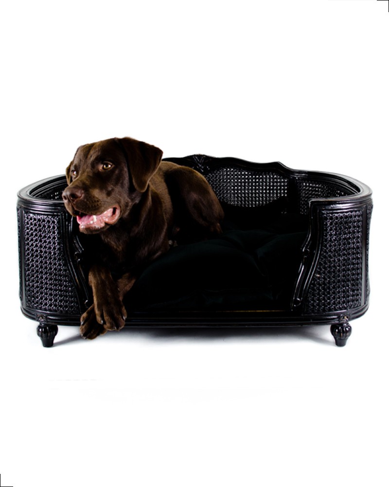 Canapé de luxe pour chien de la collection Lord Lou. Modèle Arthur en chêne et rotin noir.
