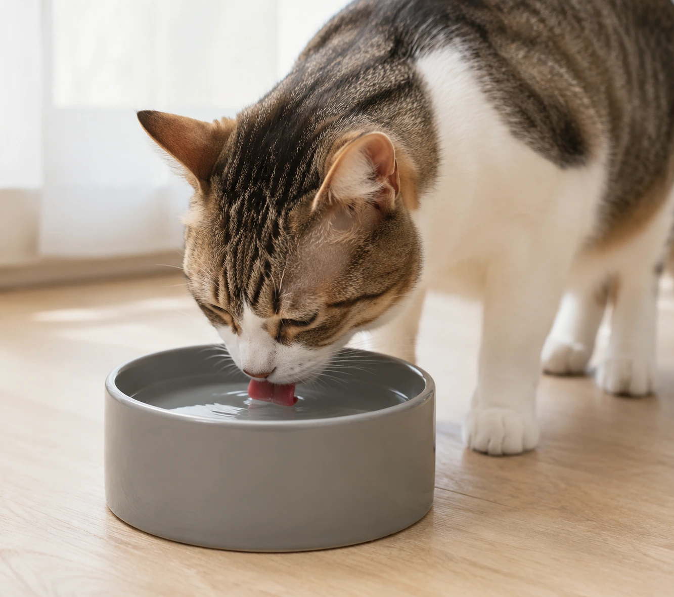Chat buvant de l’eau dans un bol en porcelaine