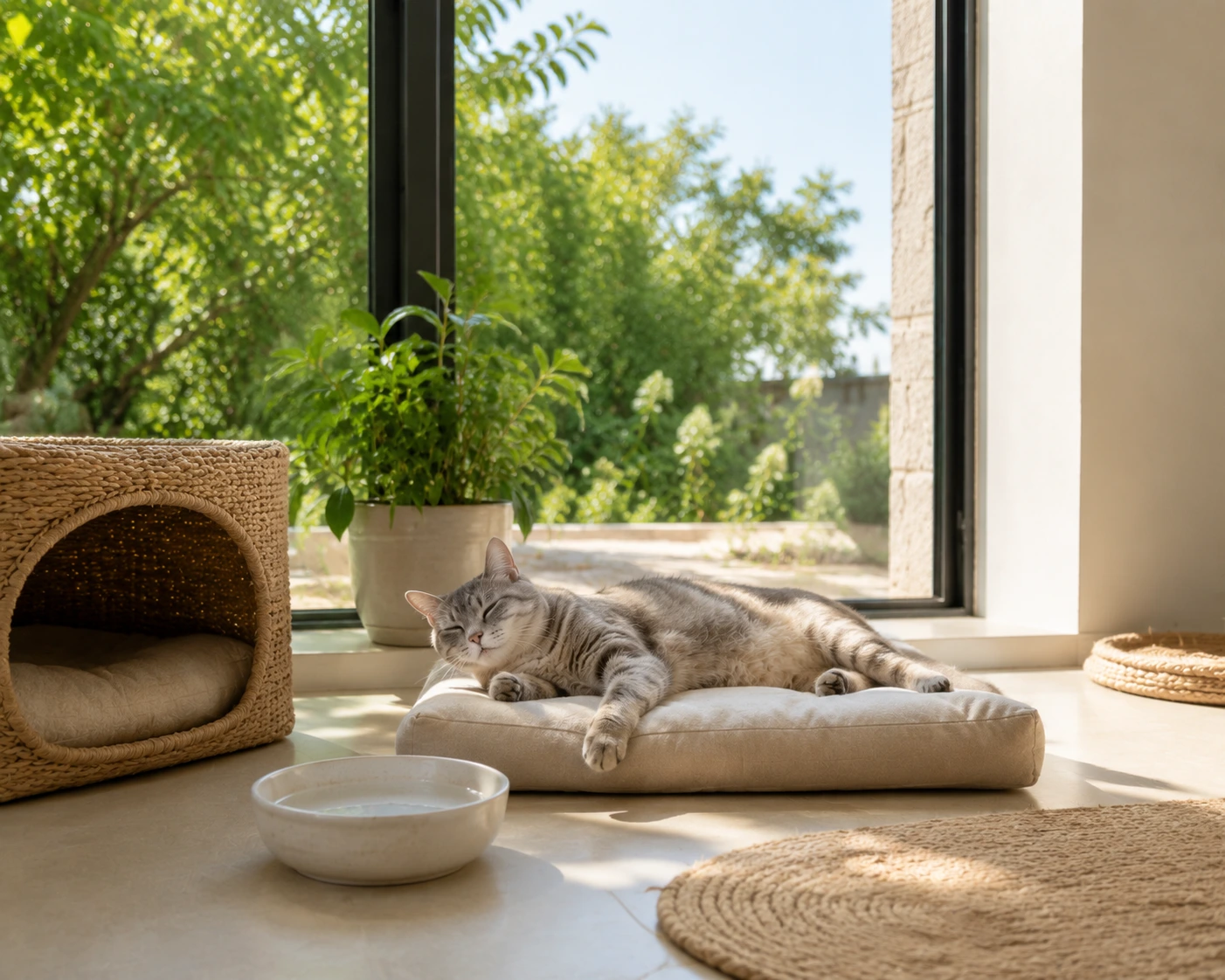 Coin cosy et frais aménagé pour un chat pendant la canicule
