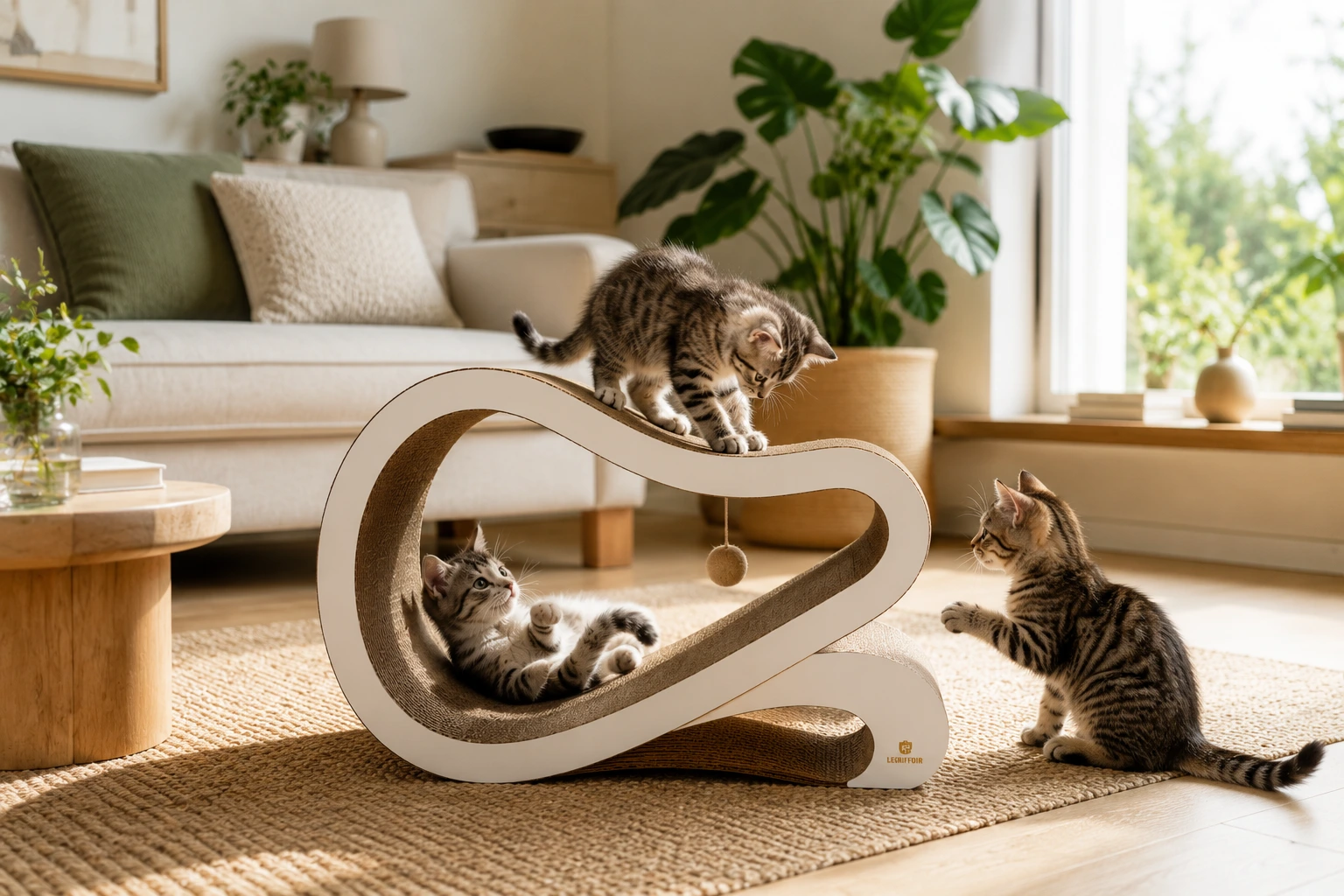 Moment de jeu entre chats autour d’un griffoir, pour l’associer à une expérience agréable