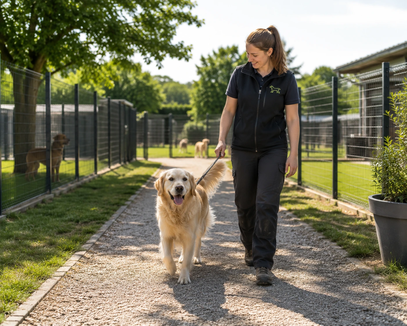 Soigneur promenant un chien dans un parc sécurisé d'une pension canine, sortie quotidienne