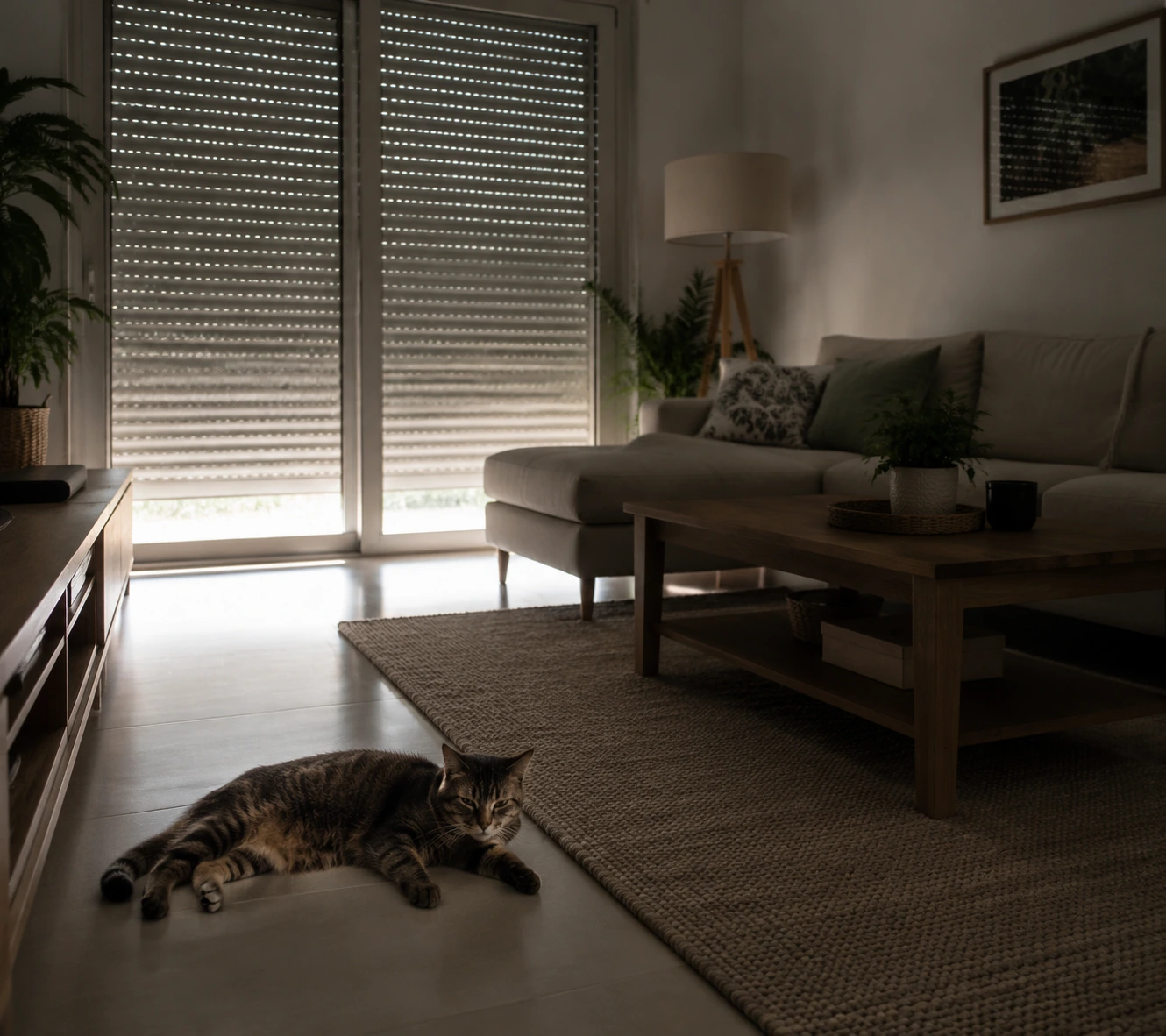 Salon aux volets mi-clos pendant la canicule, avec un chat installé dans la zone d’ombre