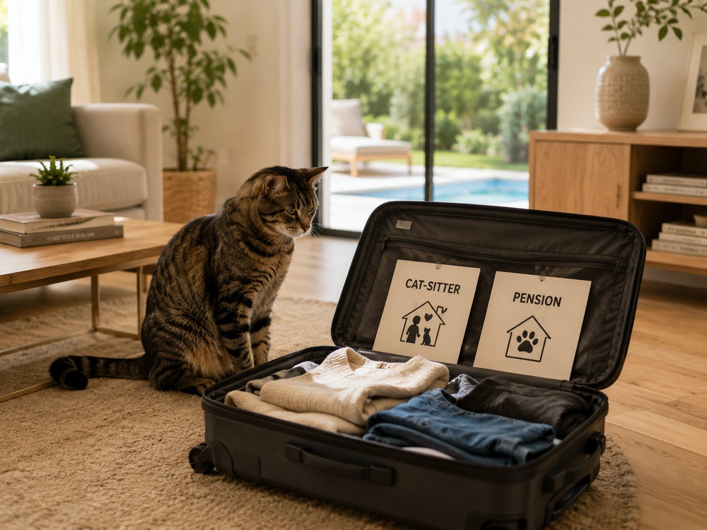 Chat observant une valise ouverte dans un salon, au moment de choisir entre cat-sitter ou pension