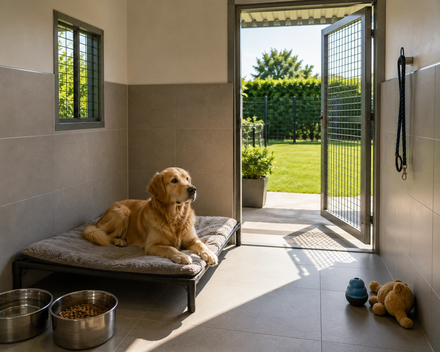 Box individuel spacieux avec accès extérieur dans une pension canine bien tenue