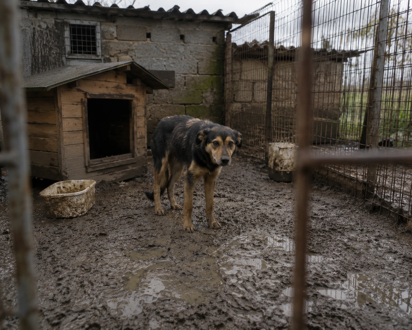 Box de pension canine mal entretenu, sans abri ni toit et boueux, exemple à éviter