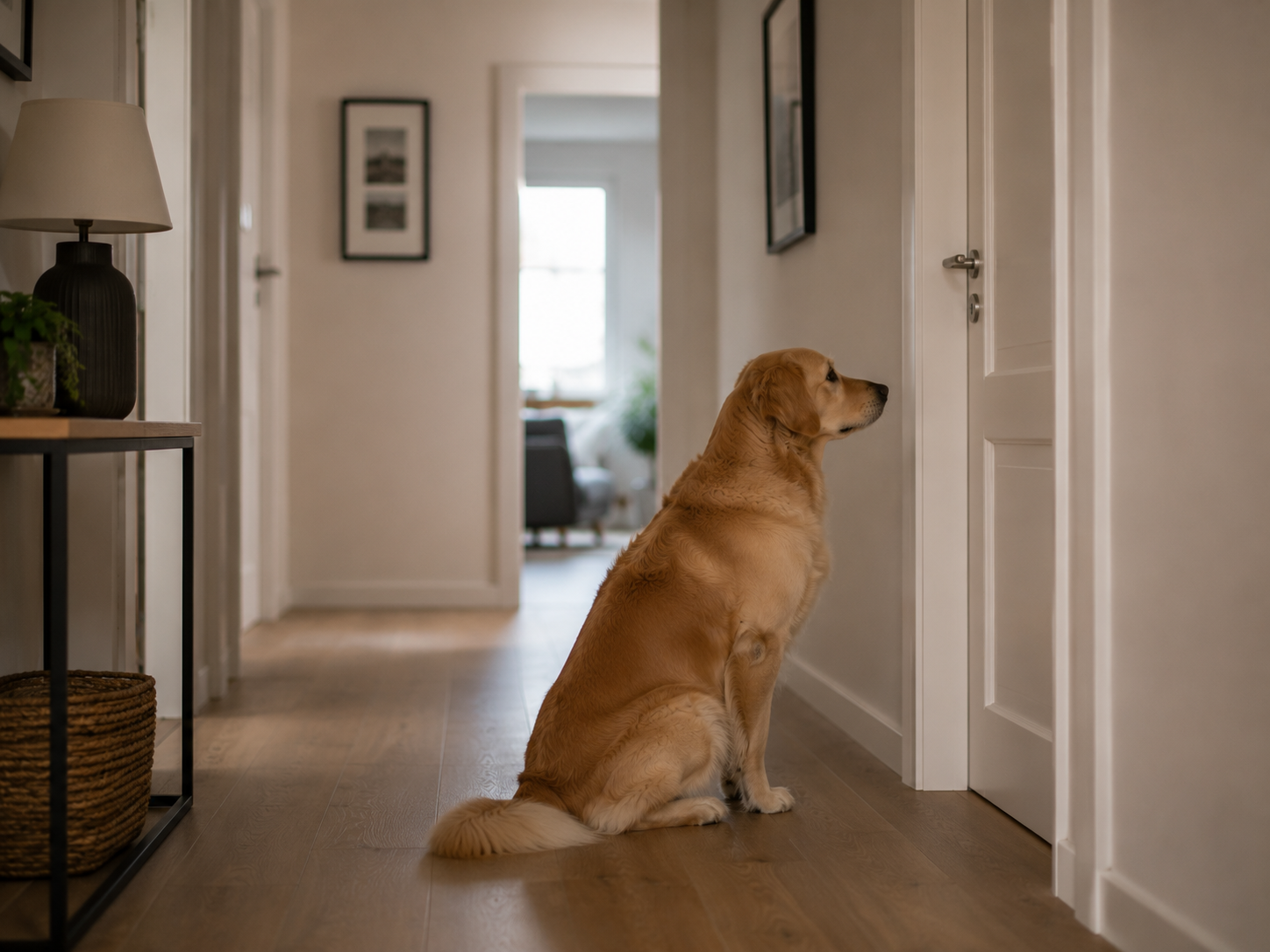 Chien attendant seul dans un couloir devant une porte fermée pendant une journée de travail