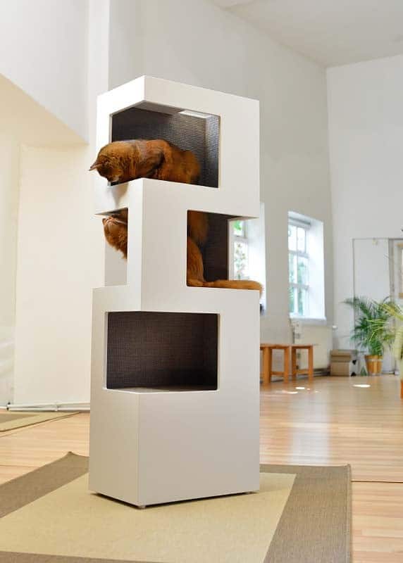 Détail du rangement et de la finition bois d’un arbre à chat d’architecte THE ONE
