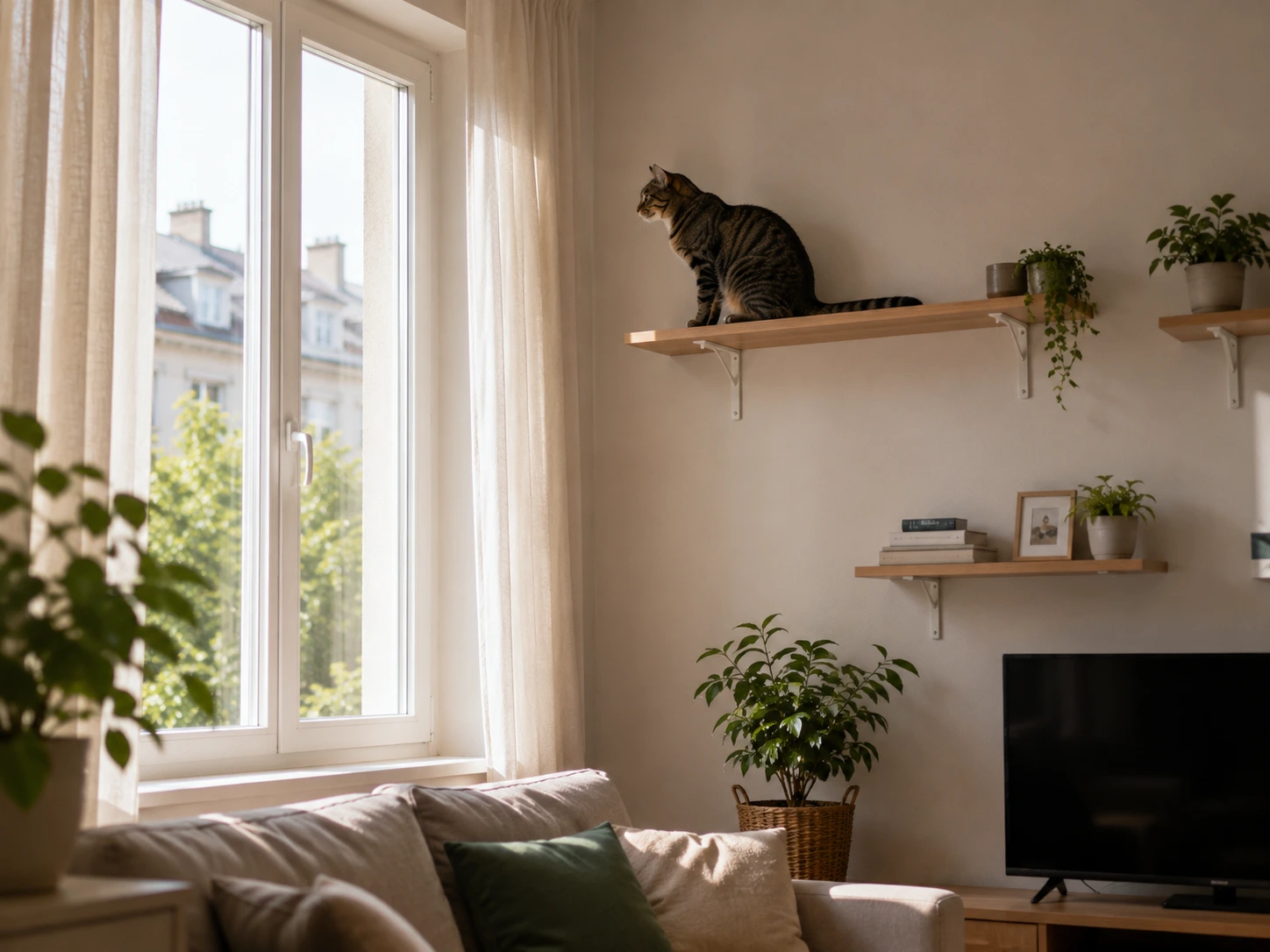 Chat utilisant une étagère murale comme poste d'observation pendant une absence prolongée