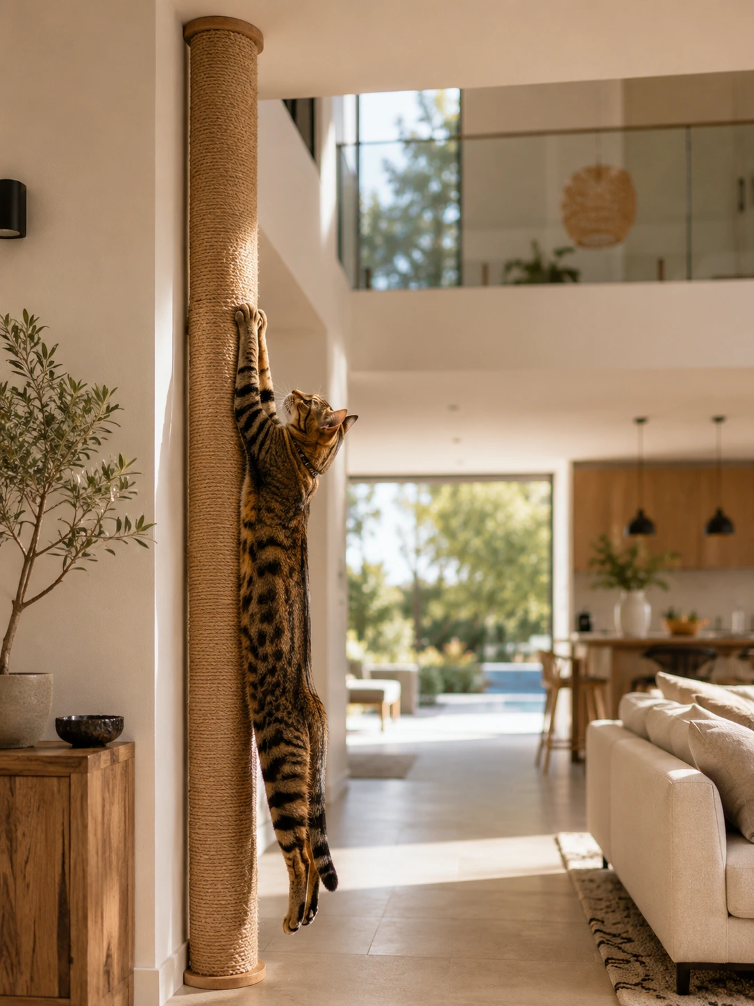 Chat en extension complète sur un grand griffoir vertical en sisal naturel