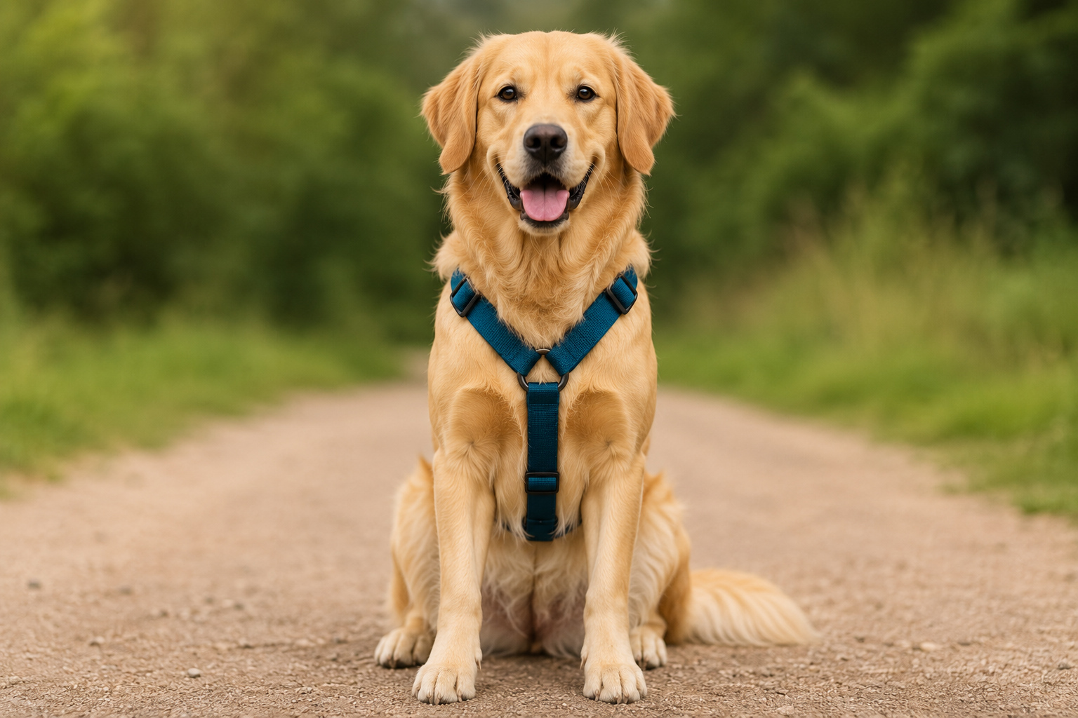 Harnais correctement ajusté en Y sur le poitrail d’un chien