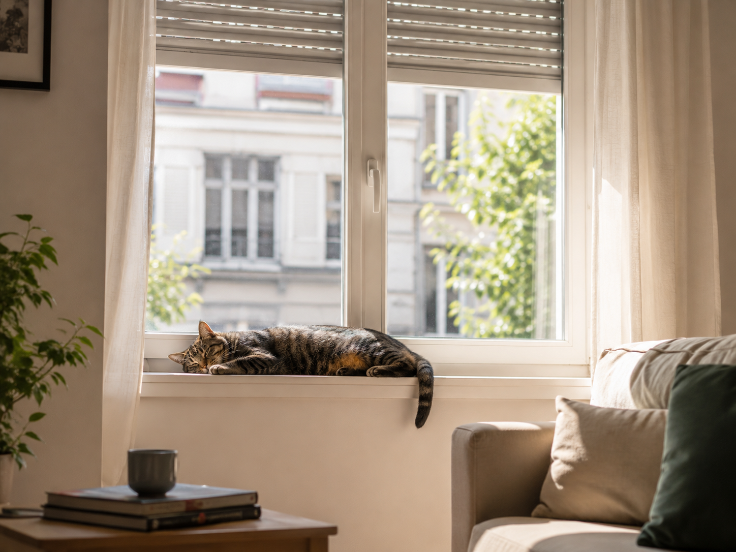 Chat allongé seul sur un rebord de fenêtre dans un salon lumineux, volet entrouvert