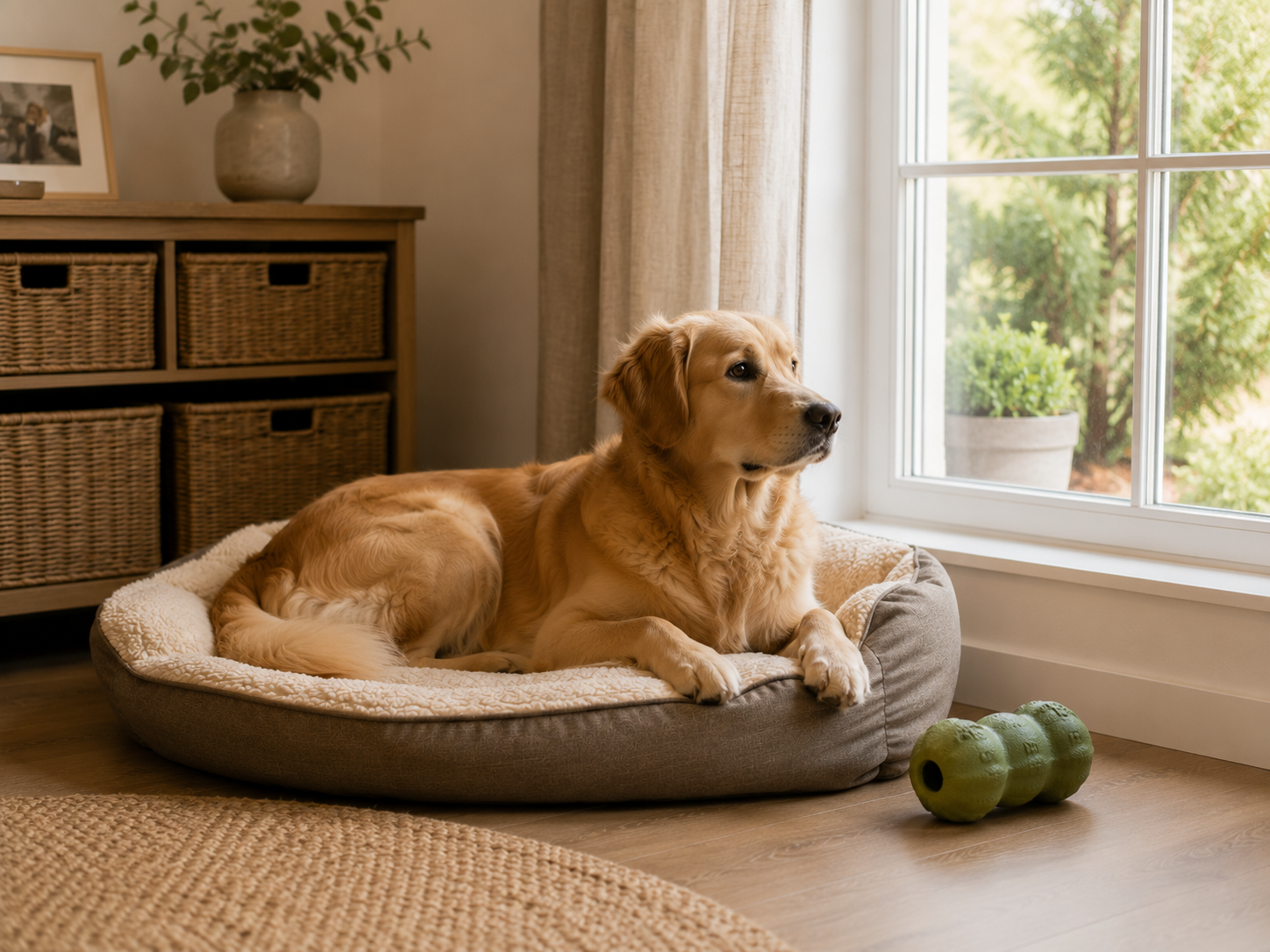 Chien installé sur son couchage près d'une fenêtre, avec un jouet à garnir posé à côté