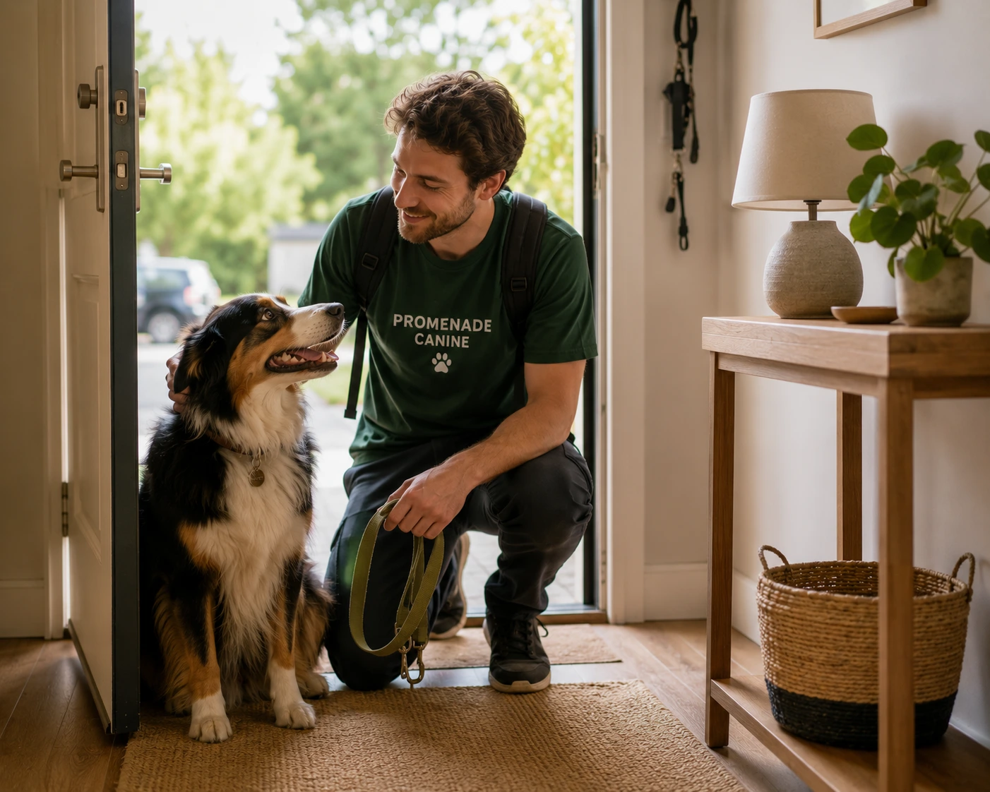 Promeneur professionnel venant sortir un chien à midi, en pleine journée de travail