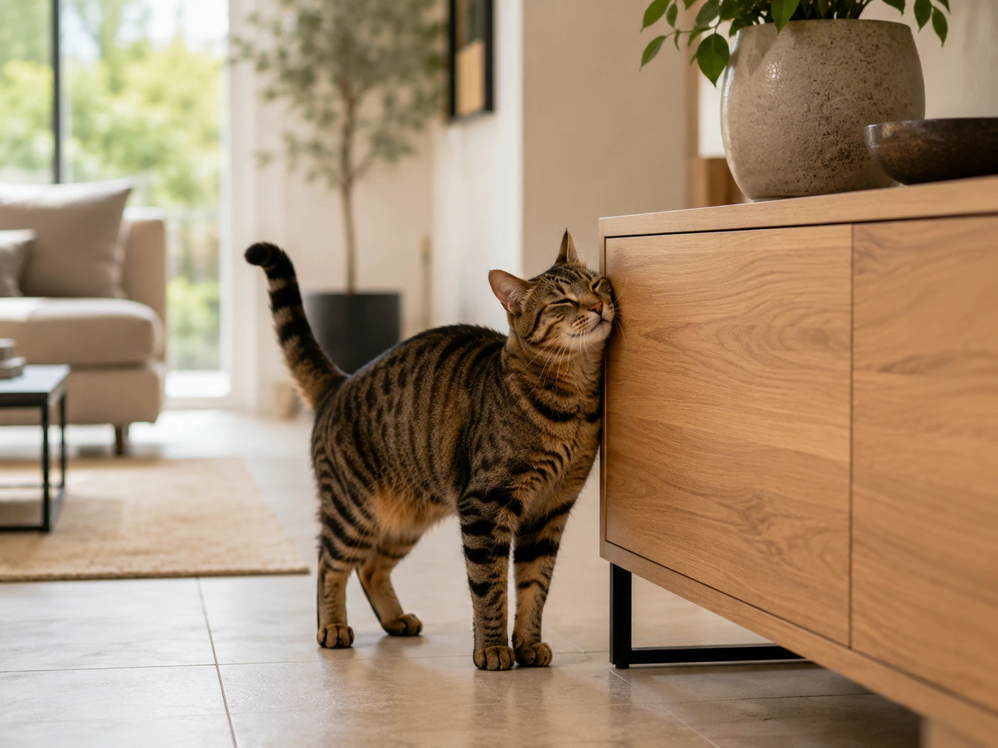 Chat frottant sa joue contre l'angle d'un meuble pour y déposer ses marques olfactives